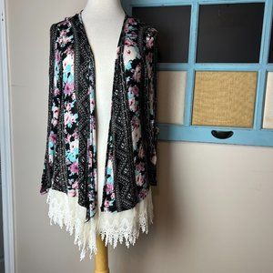 Vanity Cardigan Sweater Lace Hem Sz. L. Light Weight Soft Flowered Black USA